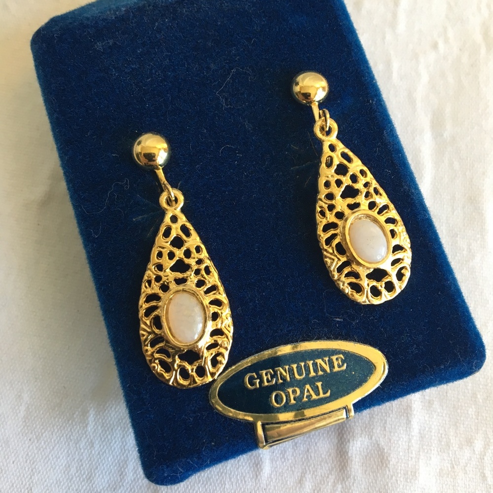 Vintage Gold Tone Opal Earrings